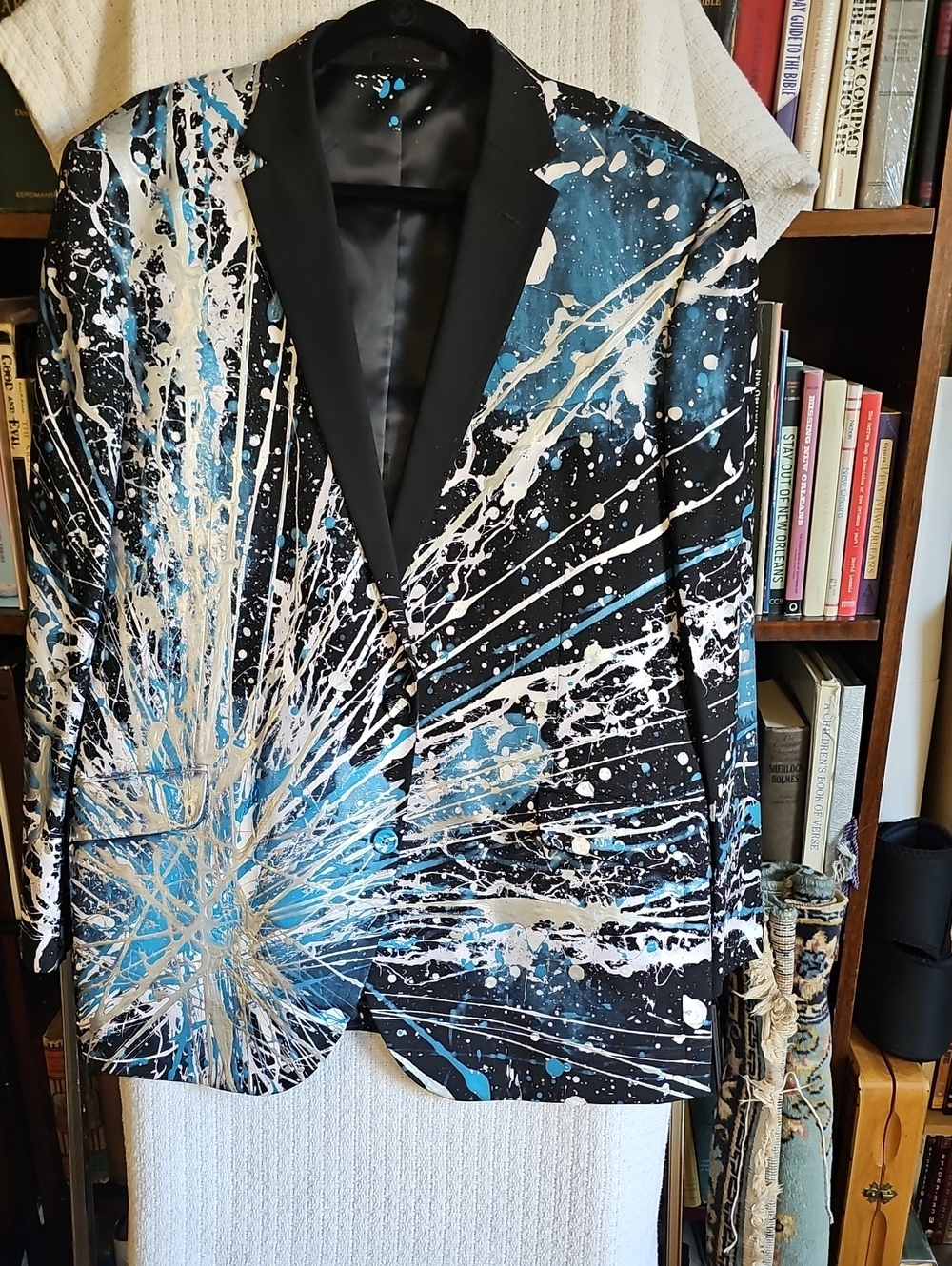 Men's Black Blazer with Blue & White Splash Print